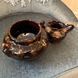 #CabinCouture 2-pc Brown Glossy Drip Glazed Pottery Pastel Aqua undertones